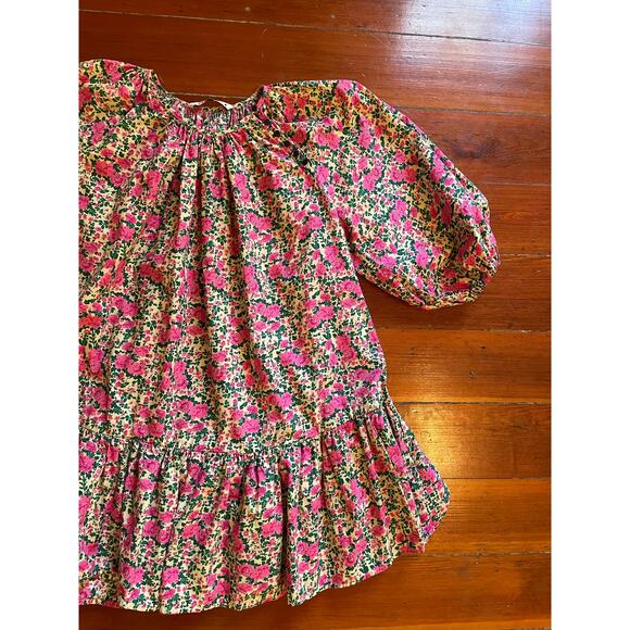 Zara Floral Babydoll Smock Mini Dress Pink Roses Ruffle Hem Size Large - Picture 9 of 12